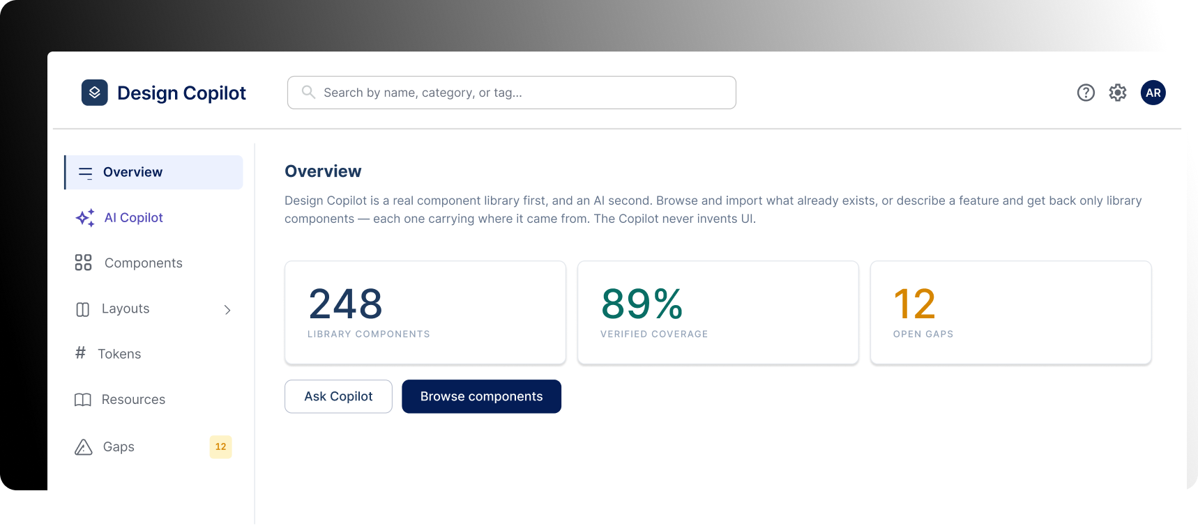 OVERVIEW SCREEN — 248 components · 89% covered · 12 gaps